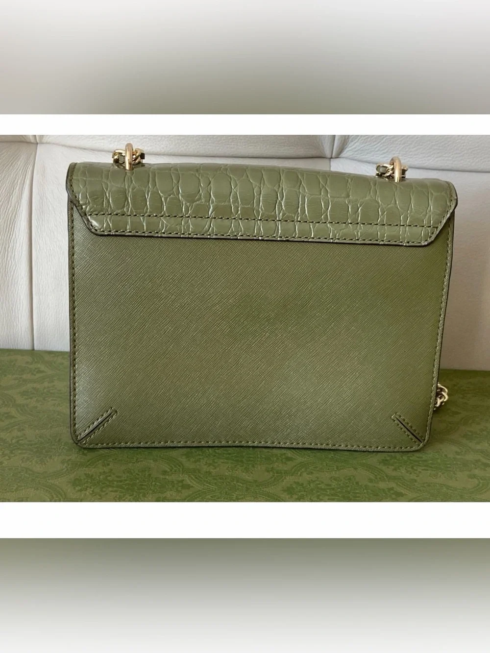 Tory Burch Olive Croc-Embossed Shoulder Bag with Gold Chain